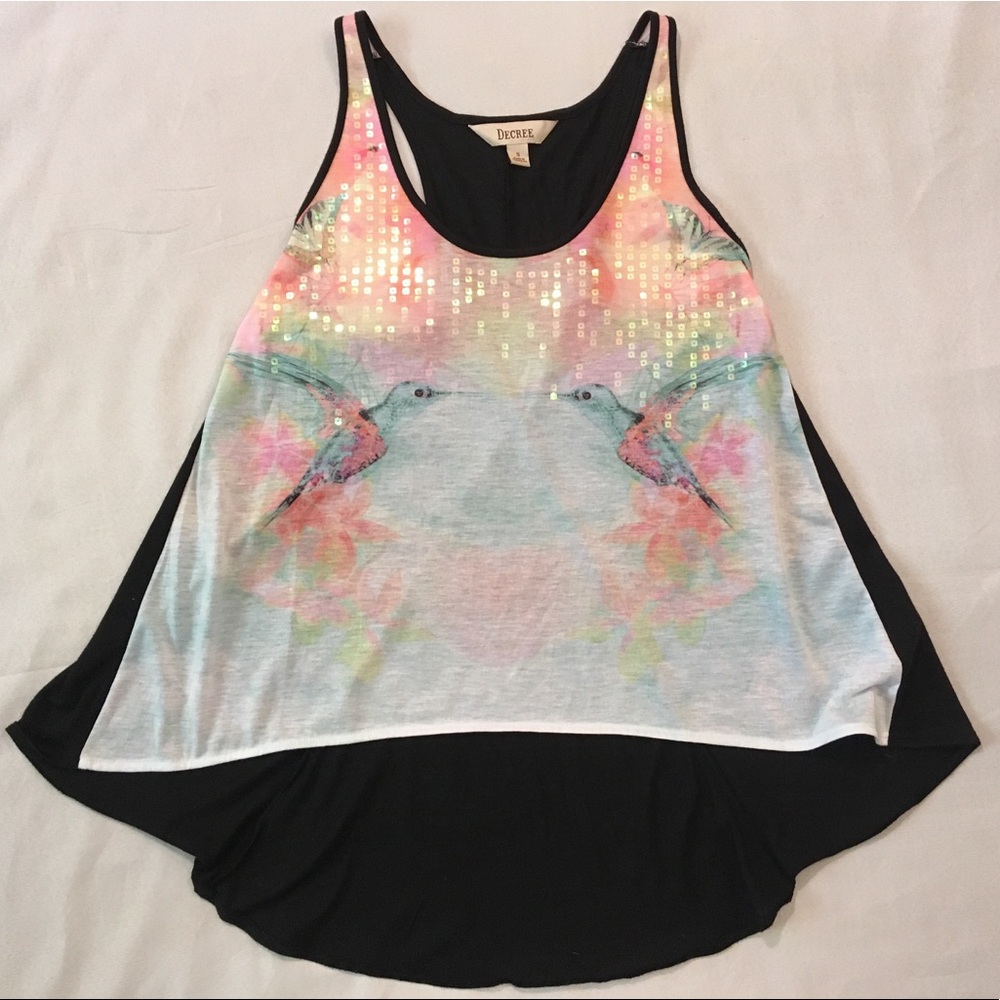 High-Low Sequined Hummingbird Racerback Tank Top - Picture 2 of 6
